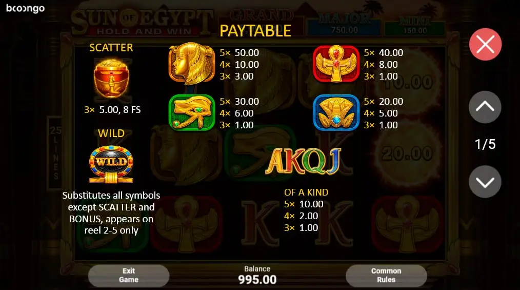 Символы и выигрышные комбинации в слоте Sun of Egypt 3